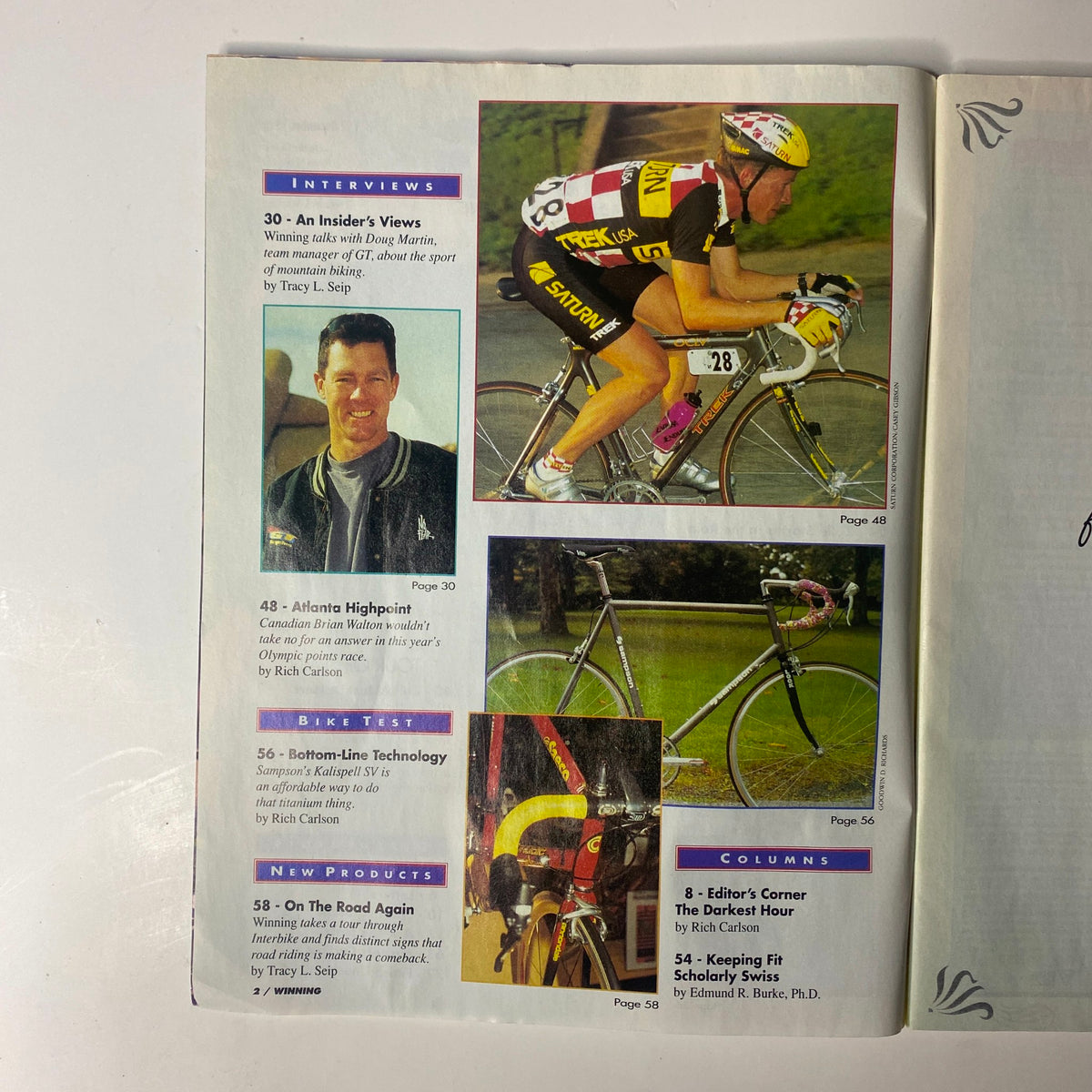 Interior pages of Winning Bicycle Racing Illustrated December 1996, No. 152 showcasing interviews, product tests, and a cyclist in action.