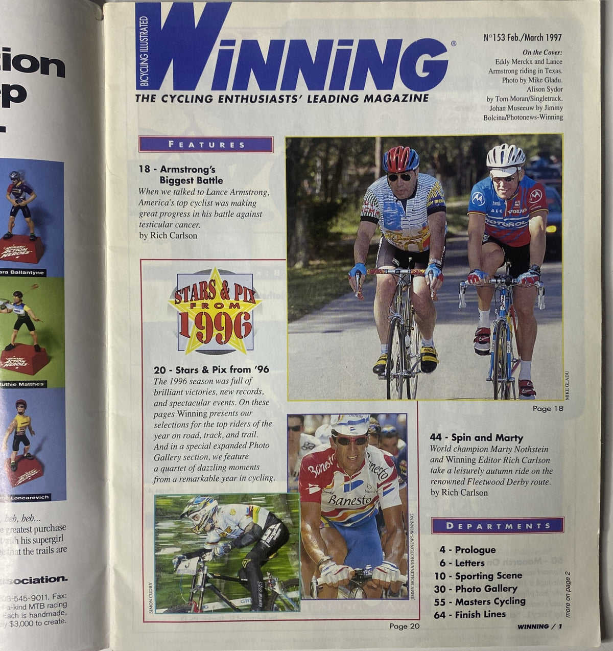 Interior page of Winning Bicycle Racing Illustrated February 1997, No. 153, detailing articles on cycling legends and a feature on 'Stars & Pix from 1996' along with images of cyclists in action.