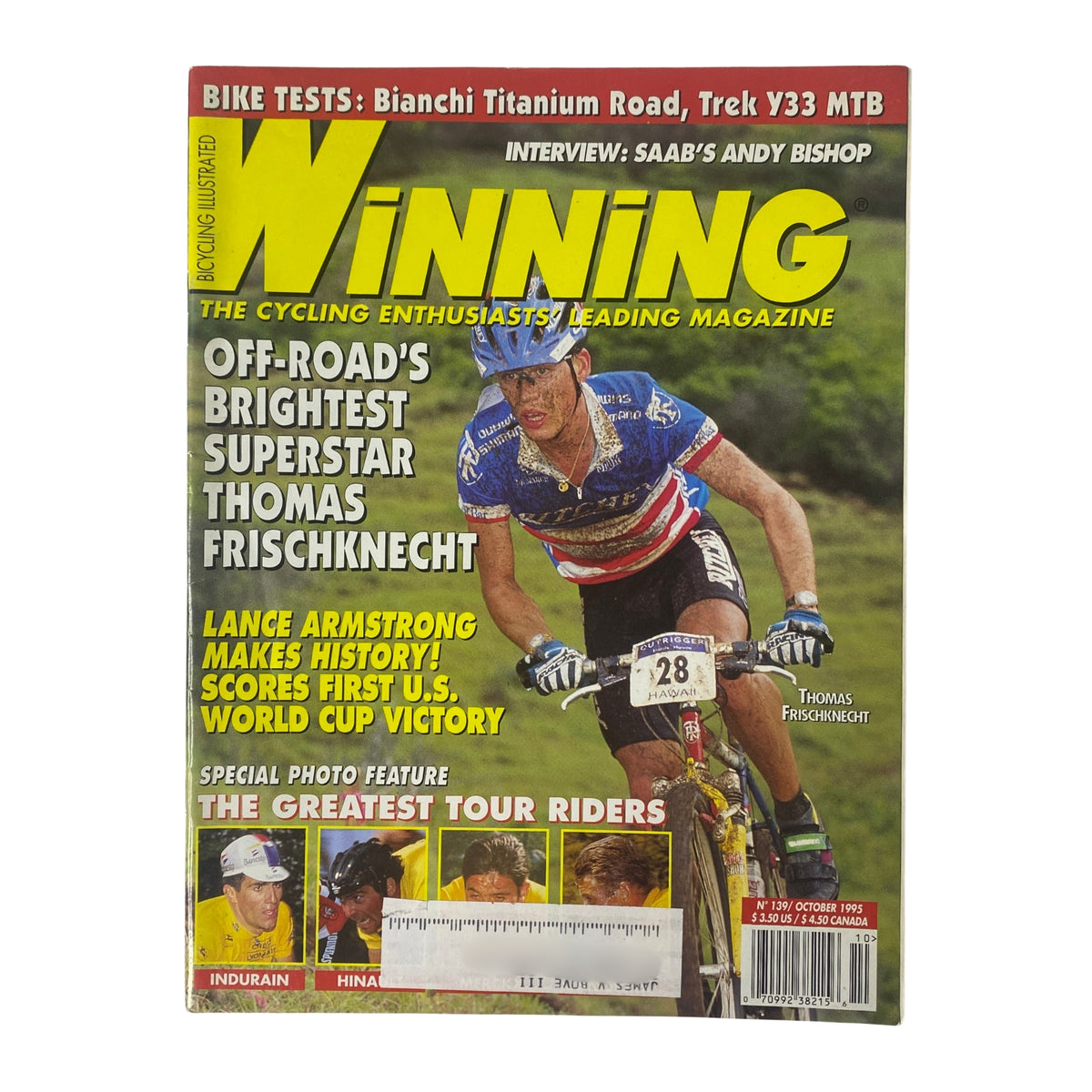 Cover of Winning Bicycle Racing Illustrated, October 1995, No. 139 featuring Thomas Frischknecht, highlighting his achievements and showcasing vibrant cycling imagery.