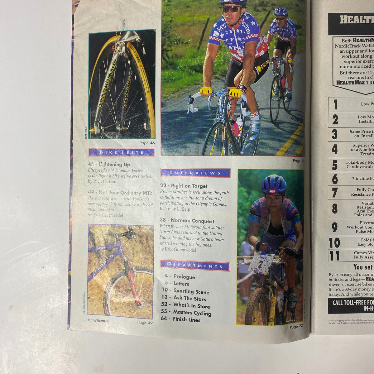 Illustration from Winning Bicycle Racing Illustrated November 1995, No. 140 featuring cyclists, bike tests, and interviews, highlighting Laurent Jalabert's achievements in cycling.
