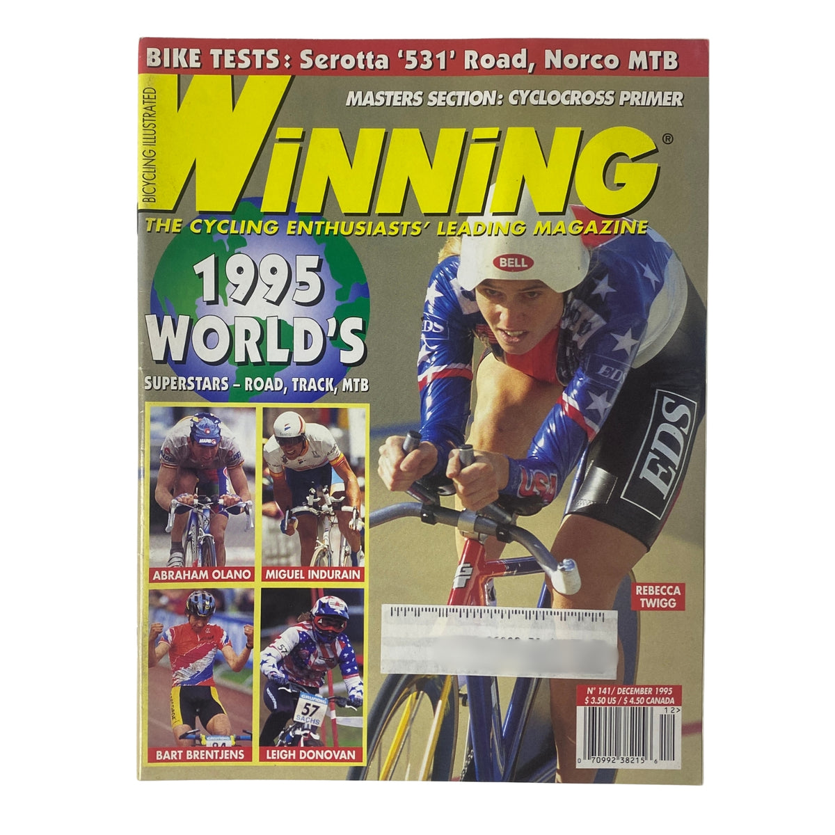 Cover of Winning Bicycle Racing Illustrated December 1995, No. 141 featuring Rebecca Twigg, showcasing bike tests and cycling events from the year.