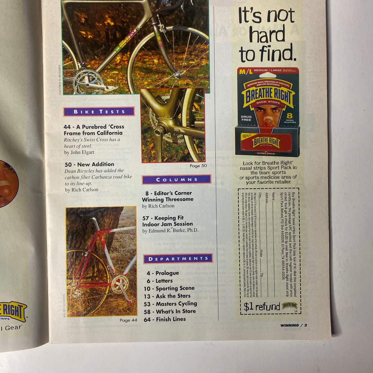 Interior page of Winning Bicycle Racing Illustrated January 1996 No. 142 featuring bike tests and columns, along with advertisements, showcasing cycling content relevant to enthusiasts.