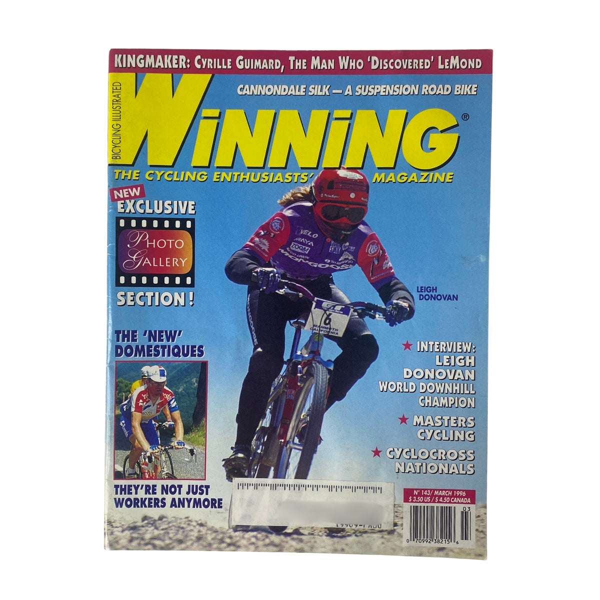 Cover of Winning Bicycle Racing Illustrated, March 1996, No. 143 featuring Leigh Donovan, showcasing cycling themes and colorful design.