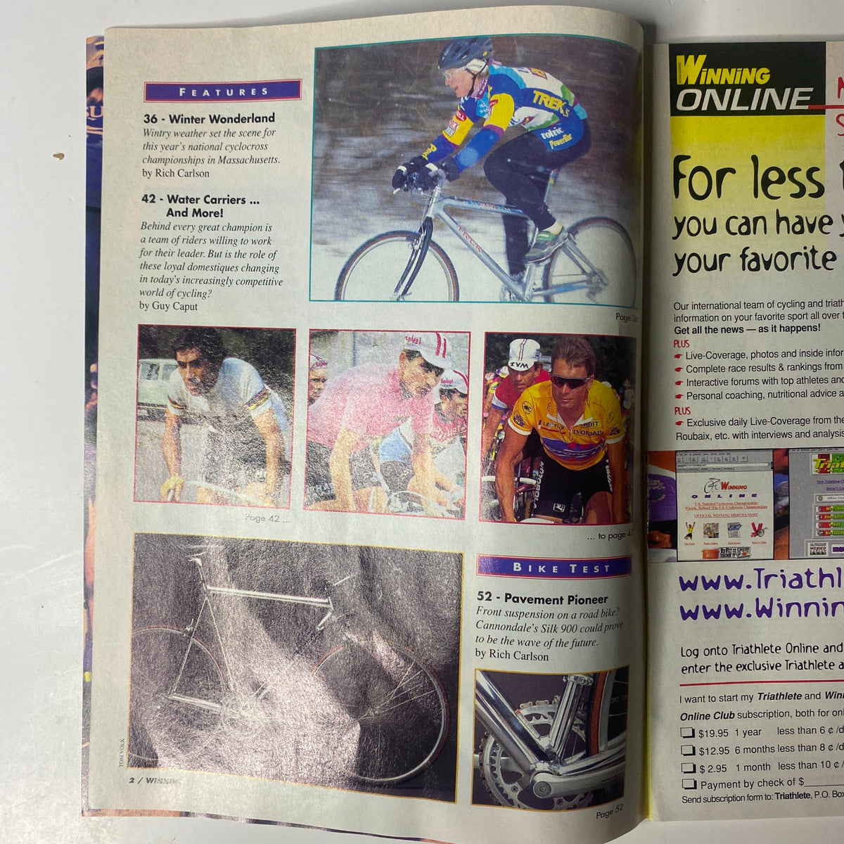 Another inside page of Winning Bicycle Racing Illustrated, March 1996, No. 143 focusing on features, bike tests, and cycling dynamics, with visuals of racing.