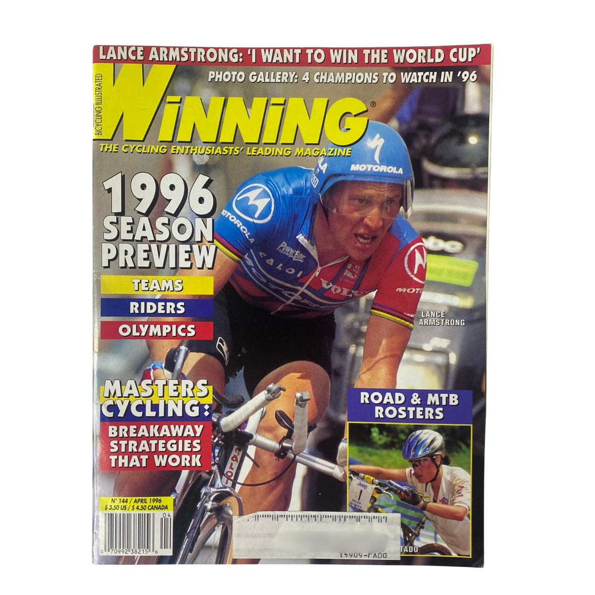 Cover of Winning Bicycle Racing Illustrated, April 1996 No. 144 featuring Lance Armstrong, showcasing the 1996 cycling season preview with details on teams, riders, and Olympics.