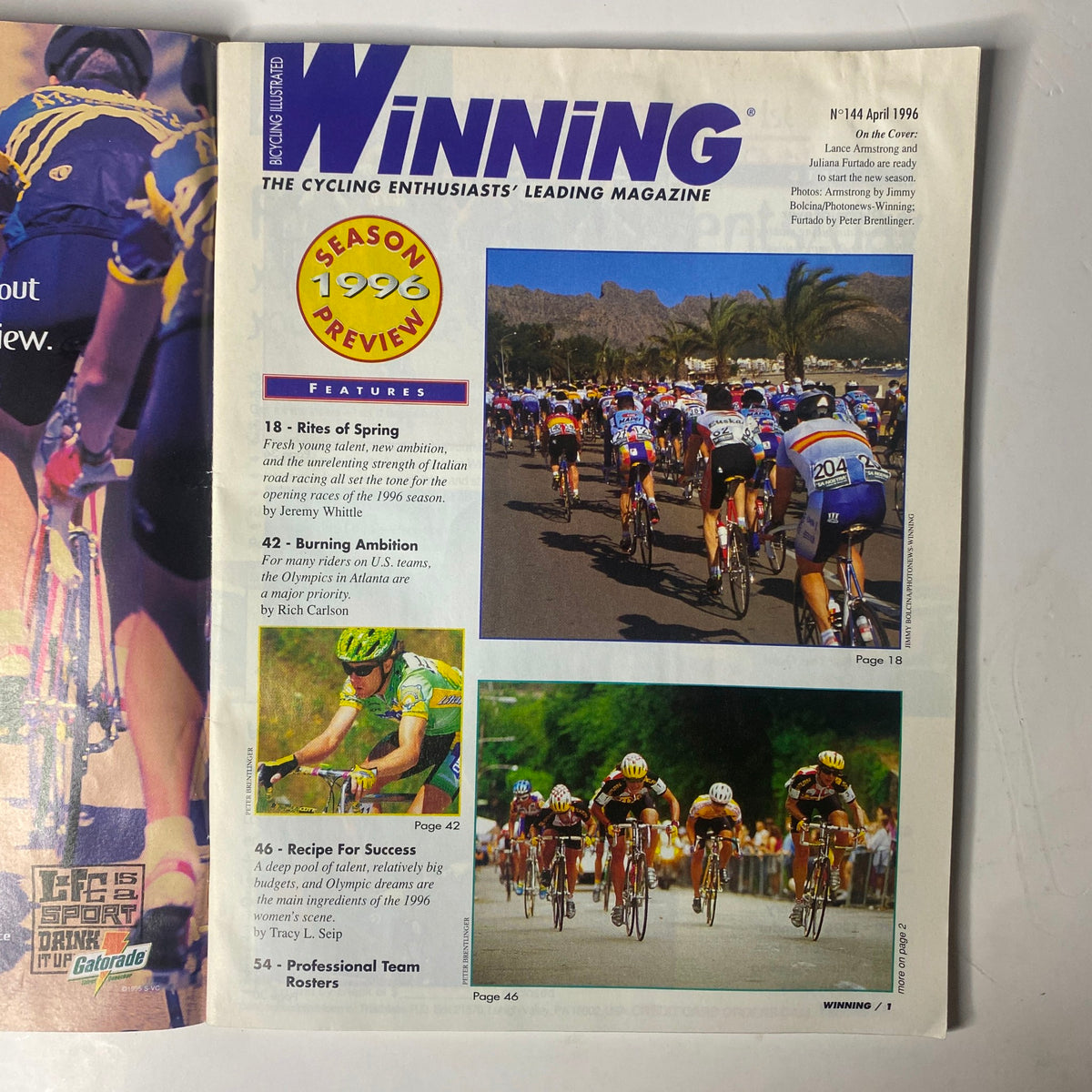 Cover of Winning Bicycle Racing Illustrated, April 1996, No. 144 featuring cycling action and articles including 'Rites of Spring', 'Burning Ambition', and 'Recipe for Success'.