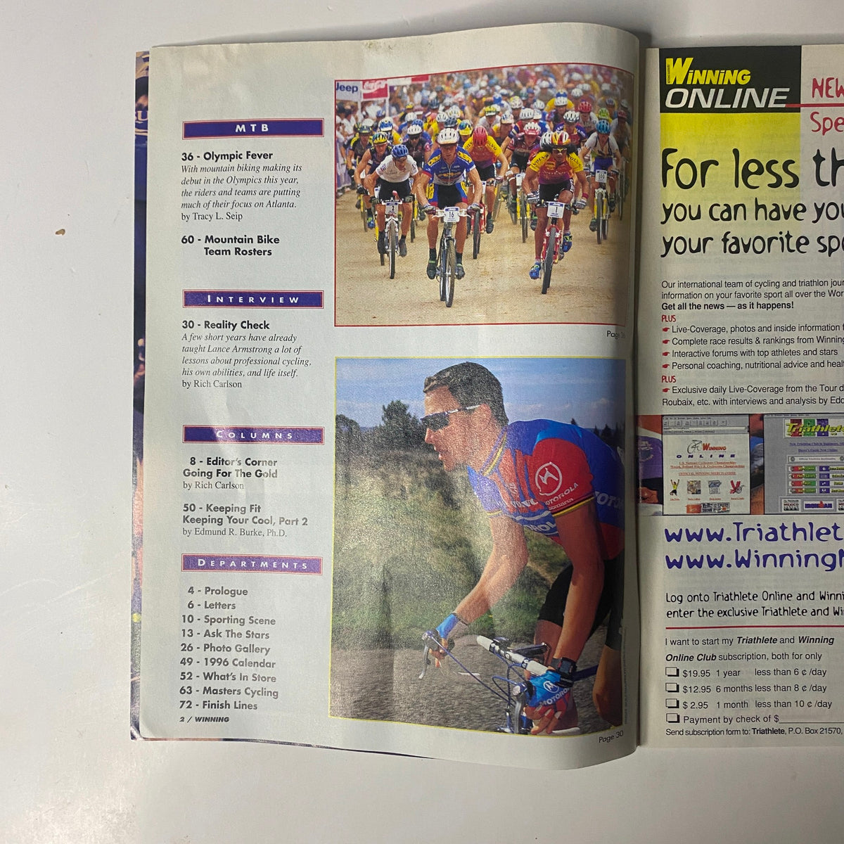 Inside page of Winning Bicycle Racing Illustrated, April 1996, No. 144 showcasing an interview with Lance Armstrong titled 'Reality Check' along with mountain biking coverage and event previews.