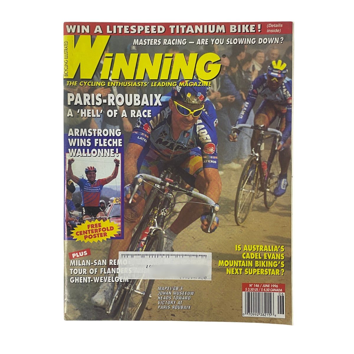 Cover of Winning Bicycle Racing Illustrated, June 1996, No. 146 featuring Lance Armstrong racing in the Paris-Roubaix. Highlighting cycling sports with a focus on competitors and significant events.