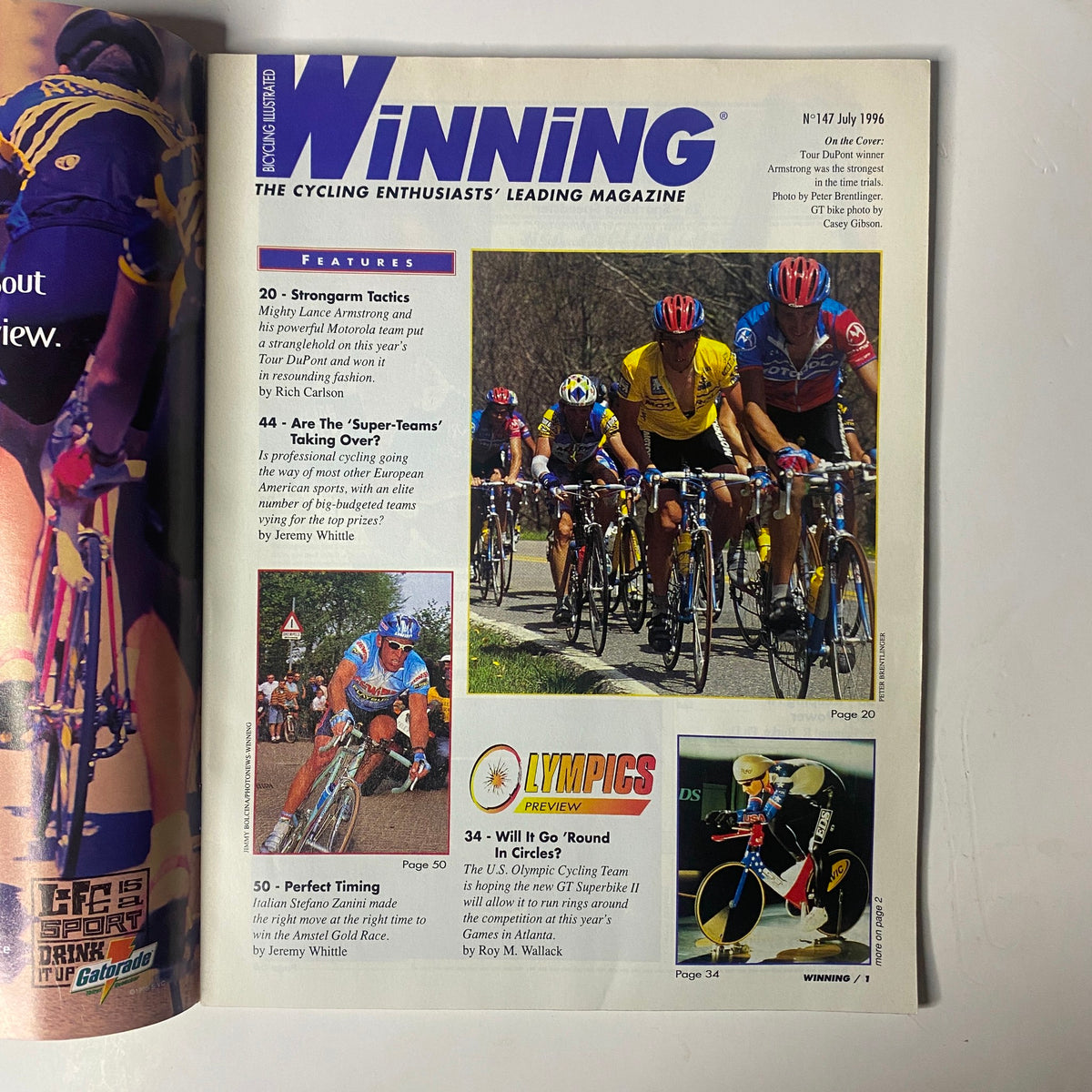 Inside page of Winning Bicycle Racing Illustrated July 1996 No. 147 highlighting features like 'Strongarm Tactics' and 'Will It Go Round in Circles?' with images of cyclists in action.