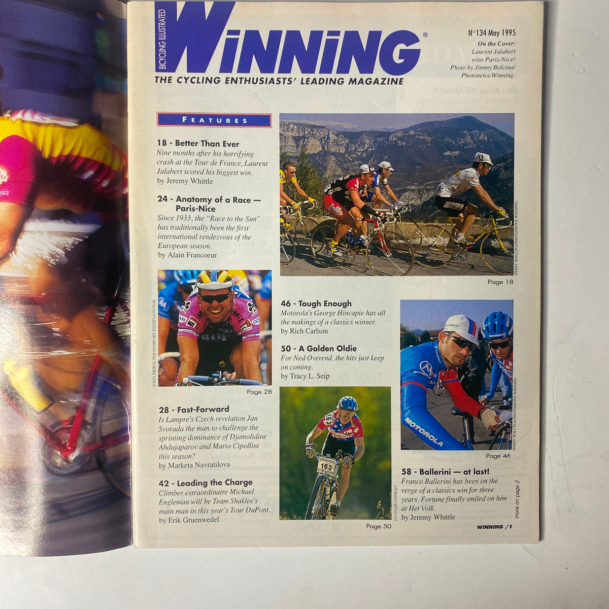 Interior page of Winning Bicycle Racing Illustrated, May 1995, No. 134 showcasing articles and bike tests with images of pro cyclists, including coverage on Laurent Jalabert.