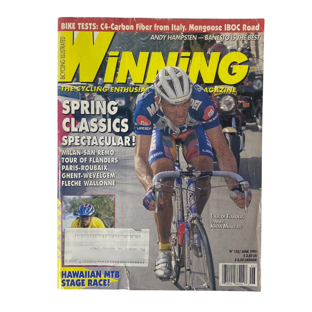 Winning Bicycle Racing Illustrated June 1995, No. 135 cover featuring Johan Museeuw racing during the Tour of Flanders, showcasing the thrilling moment of a spring classics cycling event.