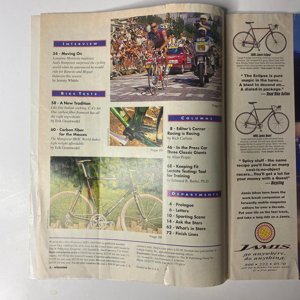 Another inside page from Winning Bicycle Racing Illustrated June 1995, No. 135, displaying an interview section and bike tests, emphasizing cycling culture and advancements.