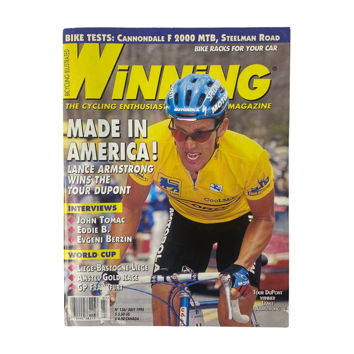 Cover of Winning Bicycle Racing Illustrated, July 1995, No. 136 featuring Lance Armstrong who won the Tour DuPont, includes highlights on cycling interviews and bike tests.