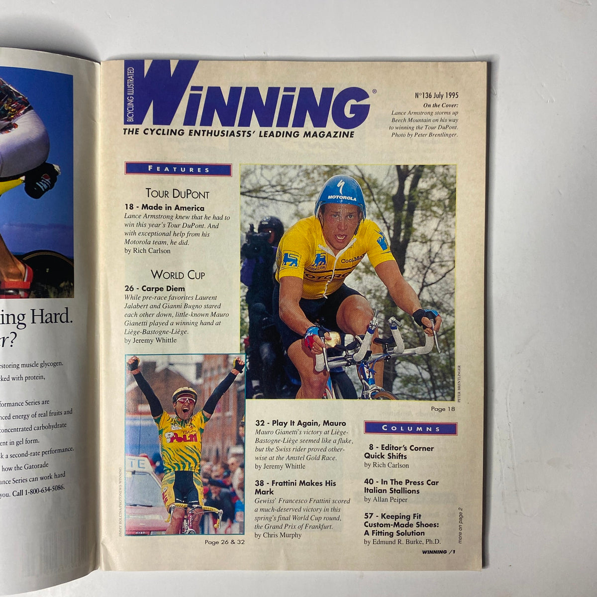 Winning Bicycle Racing Illustrated July 1995, No. 136, featuring Lance Armstrong in action during the Tour DuPont. The magazine page highlights the features of the issue, including articles about cycling races and profiles of key athletes.