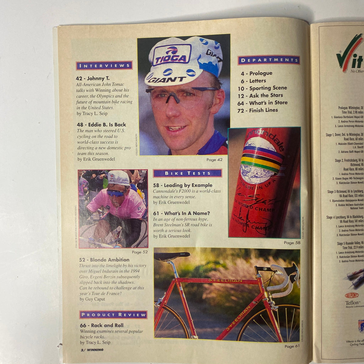 Winning Bicycle Racing Illustrated July 1995, No. 136, showcasing interviews with prominent cyclists Johnny Tomac and Eddie Borysewicz, along with sections on bike tests and product reviews relevant for cycling enthusiasts.