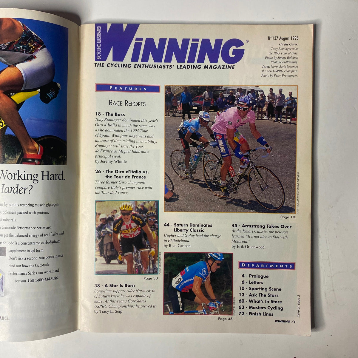 Contents page of Winning Bicycle Racing Illustrated, August 1995, No. 137, detailing race reports and interviews, featuring Tony Rominger and notable cycling events.