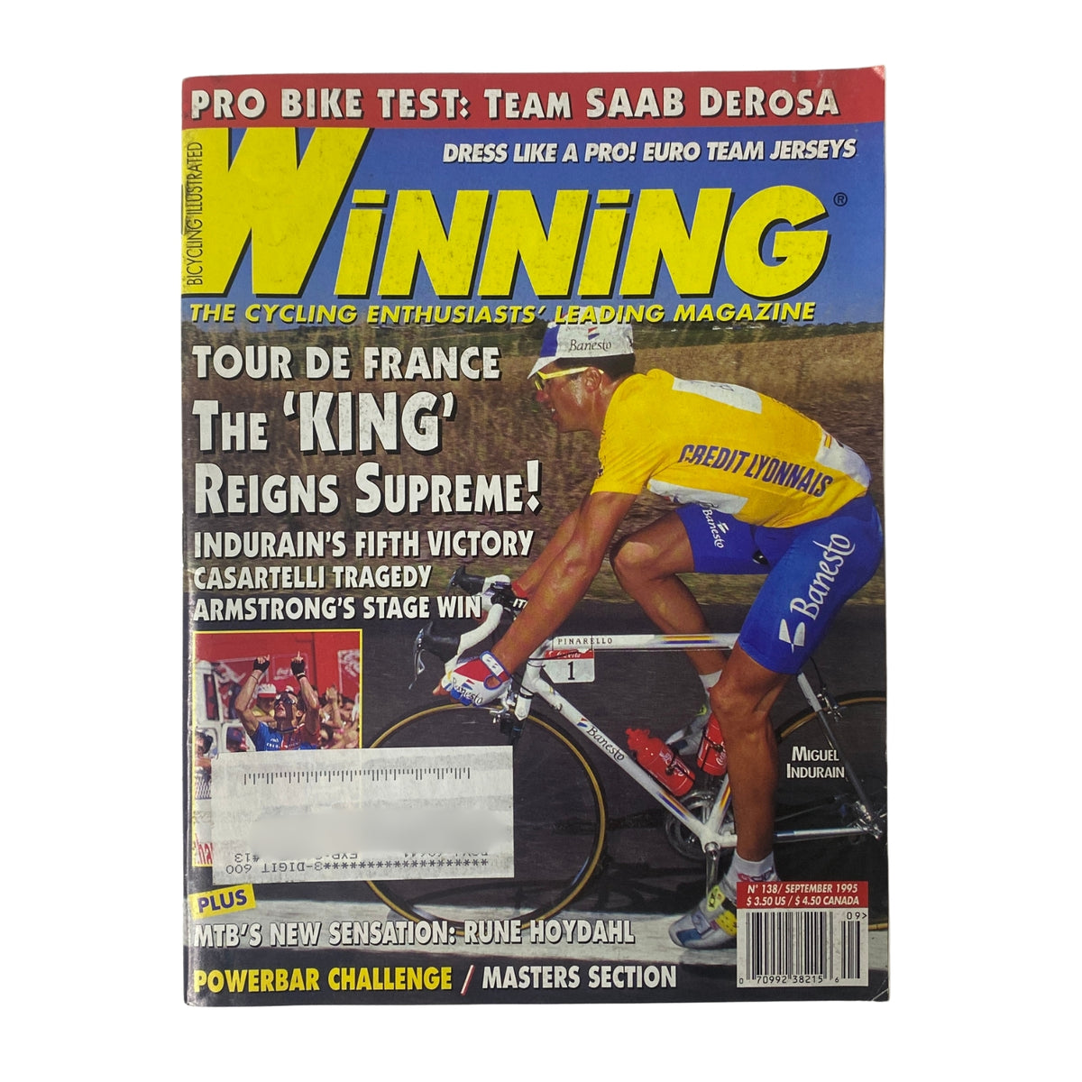 Cover of Winning Bicycle Racing Illustrated, September 1995, No. 138 featuring Miguel Indurain, showcasing his Tour de France victory with highlights of team Saab DeRosa and Euro team jerseys.