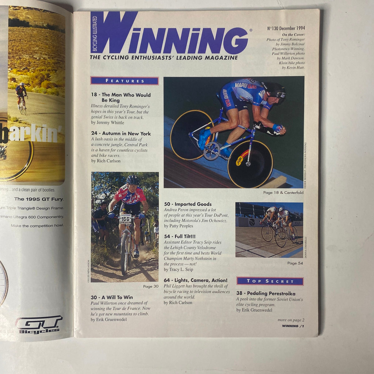 Inside page of Winning Bicycle Racing Illustrated, December 1994, No. 130 showcasing features such as 'The Man Who Would Be King' and 'A Will to Win'.