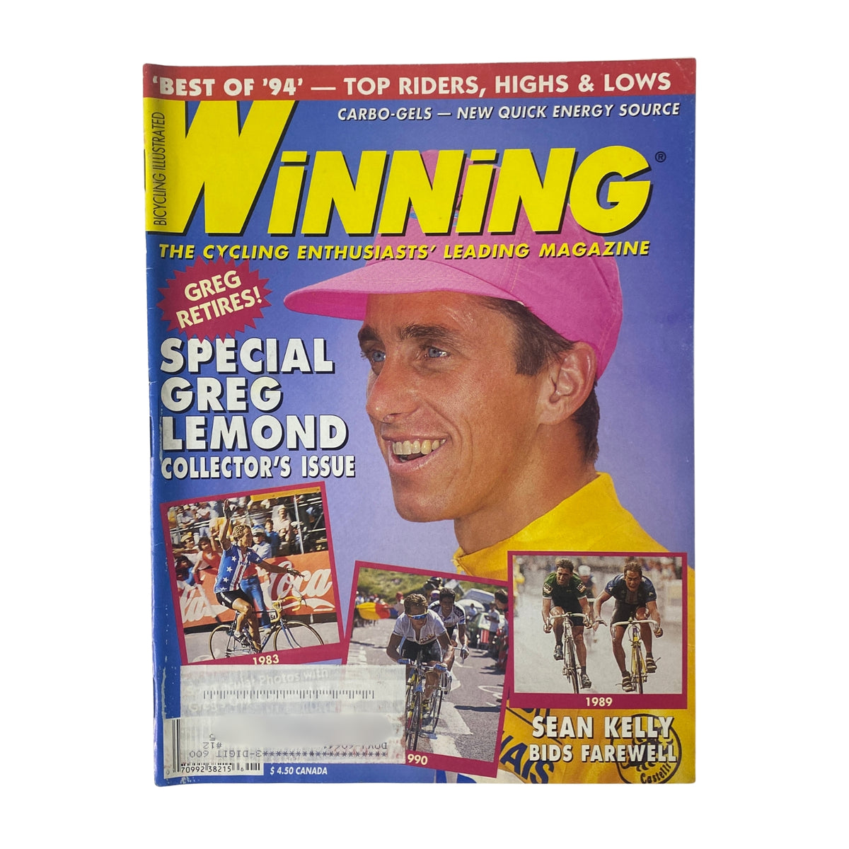 Cover of Winning Bicycle Racing Illustrated - January 1995, No. 131, featuring Greg LeMond, a special collector's issue celebrating top riders, including Sean Kelly, with vibrant colors and cycling imagery.
