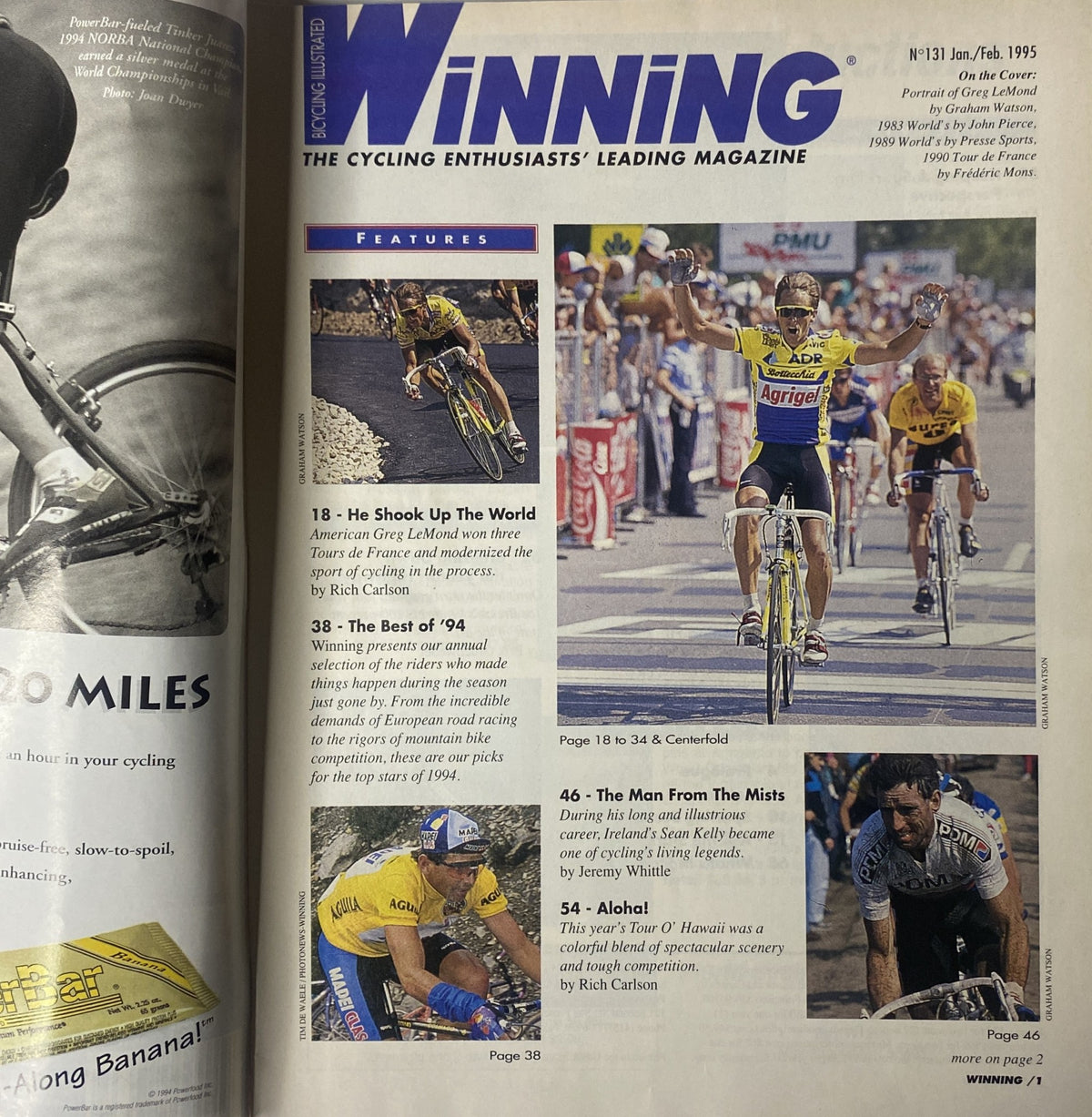 Cover of Winning Bicycle Racing Illustrated, January 1995, No. 131 featuring highlights such as 'He Shook Up the World' about Greg LeMond and 'The Best of '94'.