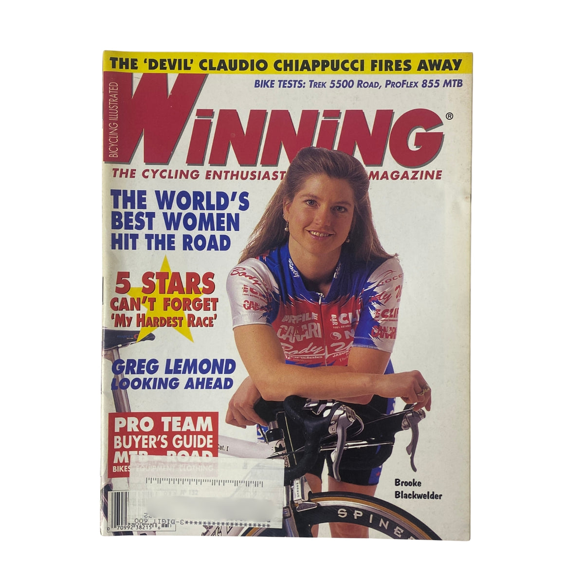 Cover of Winning Bicycle Racing Illustrated, March 1995, No. 132 featuring Brooke Blackwelder, showcasing women's cycling and stories of Greg LeMond and Claudio Chiappucci.