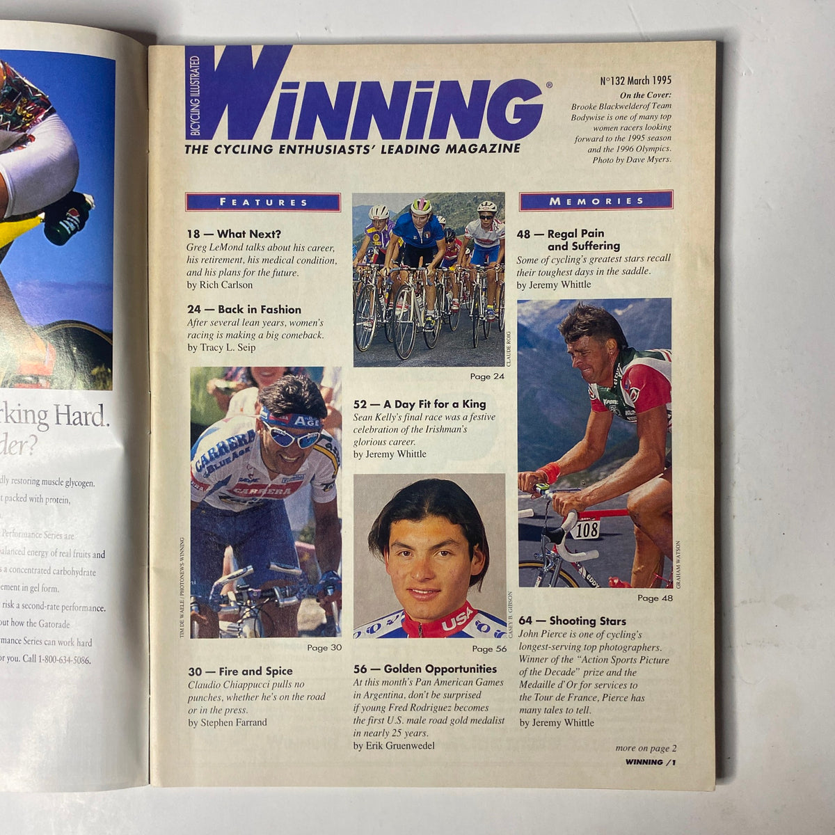 Inside page of Winning Bicycle Racing Illustrated, March 1995, No. 132 displaying features, memories, and significant events in cycling history.