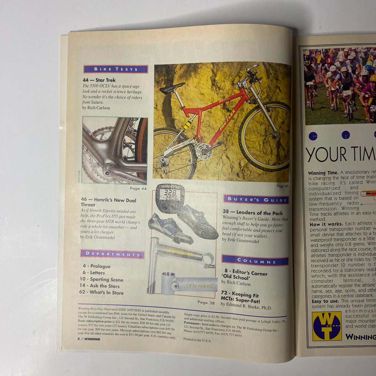 Bicycle tests and buyer's guide section from Winning Bicycle Racing Illustrated, March 1995, No. 132 highlighting Trek 5500 OCLV and ProFlex 855.