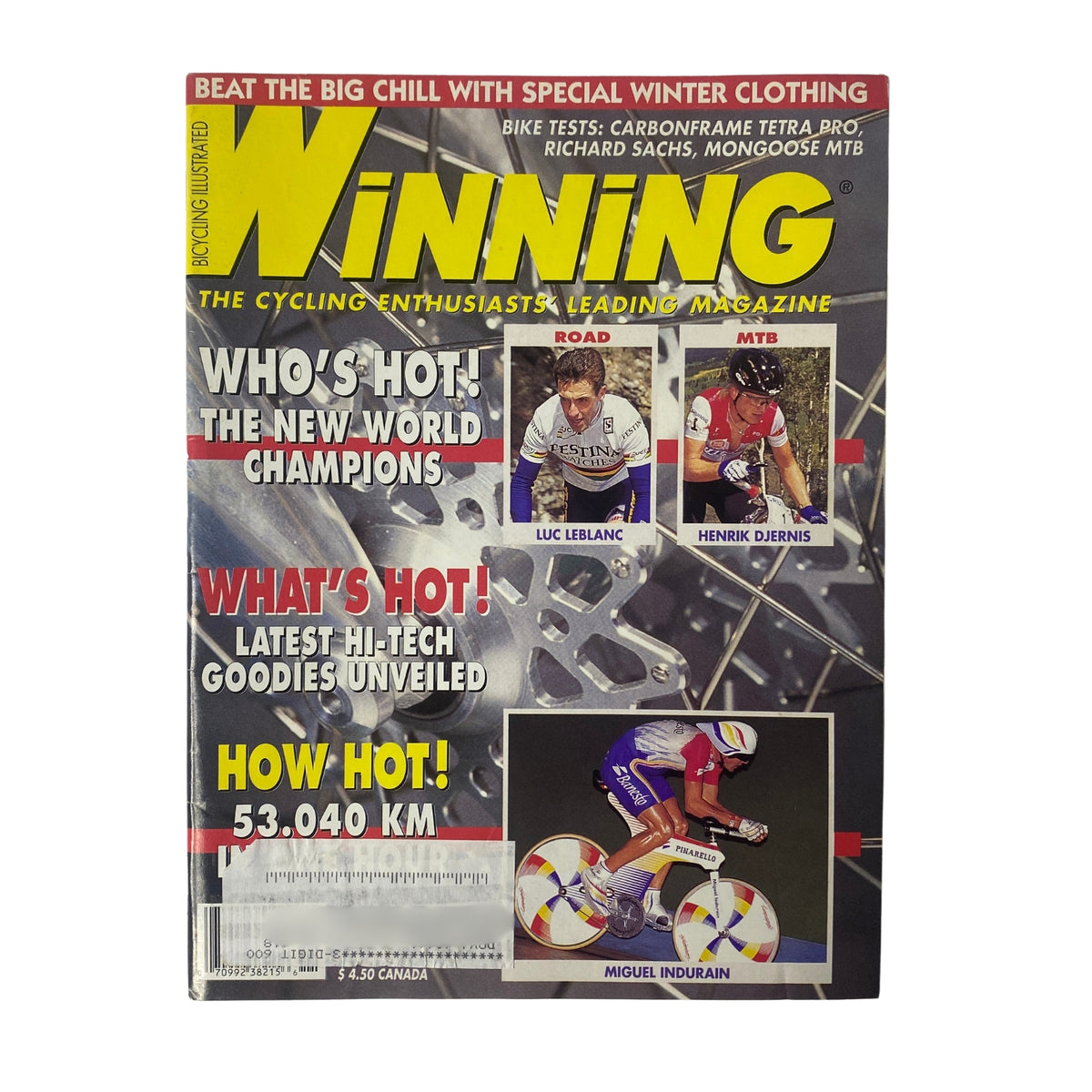 Cover of Winning Bicycle Racing Illustrated November 1994, No. 129 featuring a feature on Luc Leblanc, Henrik Djernis, and Miguel Indurain, highlighting cycling championships and innovations.