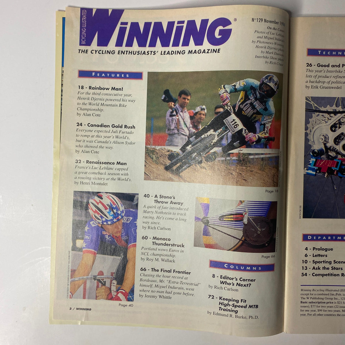 Contents page of Winning Bicycle Racing Illustrated November 1994, No. 129, listing major features including Rainbow Man, Canadian Gold Rush, and Renaissance Man, with images and articles about cycling champions.