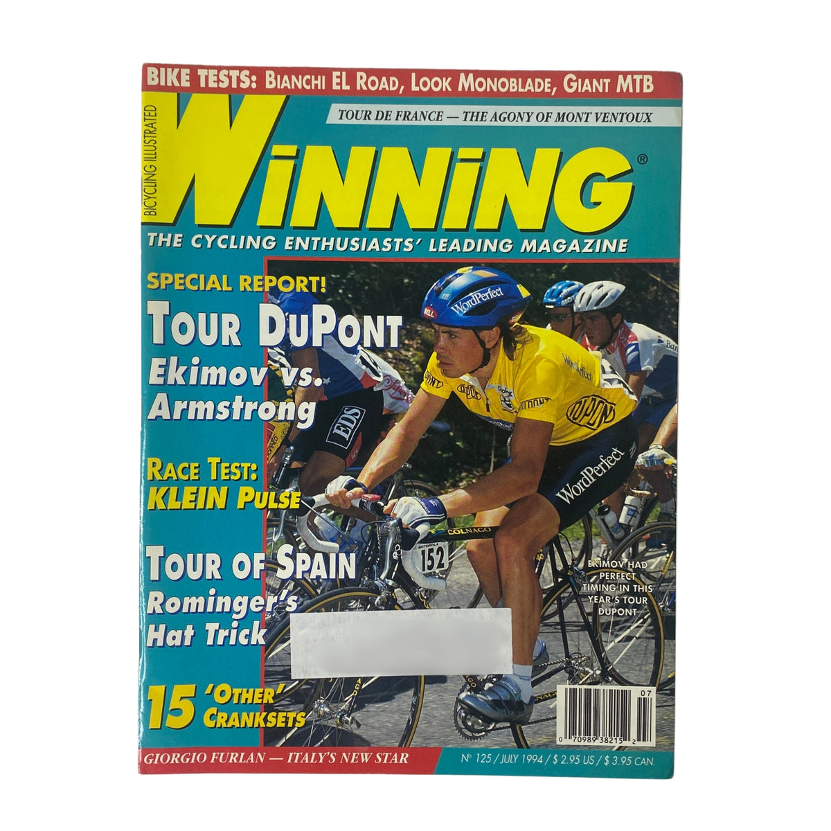 Winning Bicycle Racing Illustrated July 1994, No. 125. Cover image featuring cyclist Viatceslav Ekimov during a race, showcasing the magazine's title and key highlights from the cycling season.