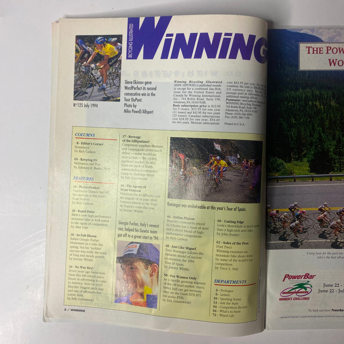 Inside spread of Winning Bicycle Racing Illustrated July 1994, No. 125, featuring columns, features, and articles including Ekimov vs. Armstrong, showcasing insights into the 1994 cycling season.