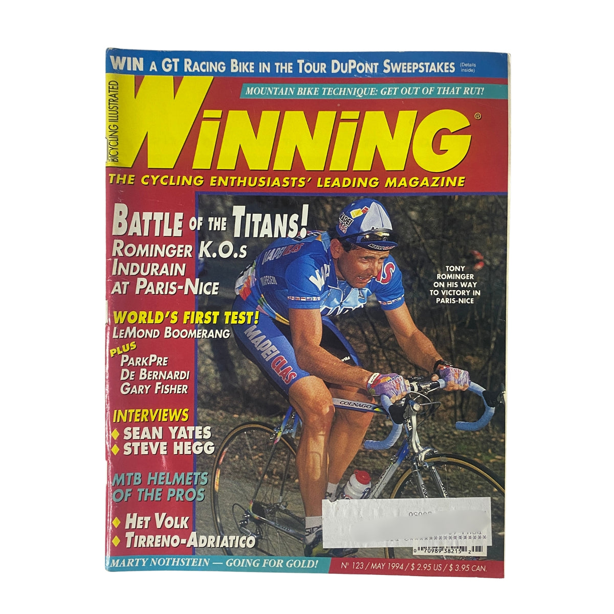 Winning Bicycle Racing Illustrated May 1994, No. 123 cover featuring Tony Rominger, showcasing a vibrant cycling scene with key headlines about racing and interviews.