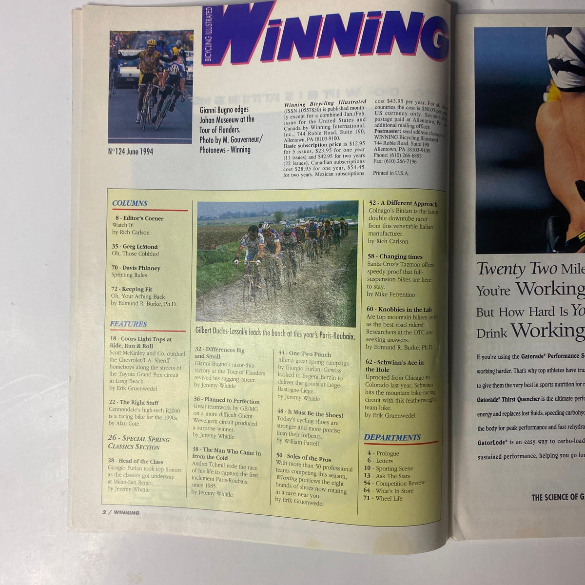 Winning Bicycle Racing Illustrated, June 1994, No. 124 featuring Gianni Bugno, showcasing cycling columns, features, and events related to the sport.