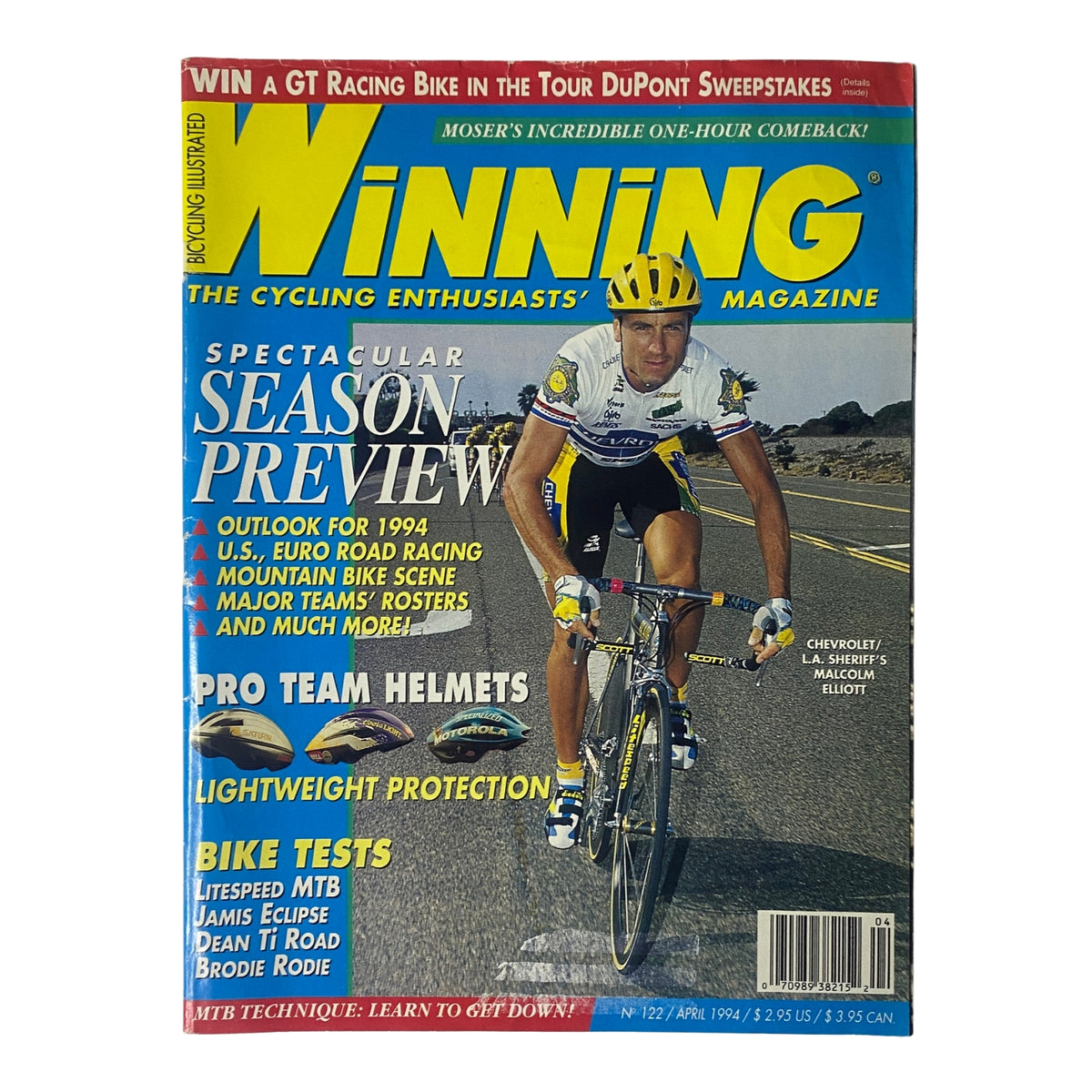 Cover of Winning Bicycle Racing Illustrated, April 1994, No. 122 featuring Malcolm Elliott, highlighting bicycle racing, helmets, and biking techniques.