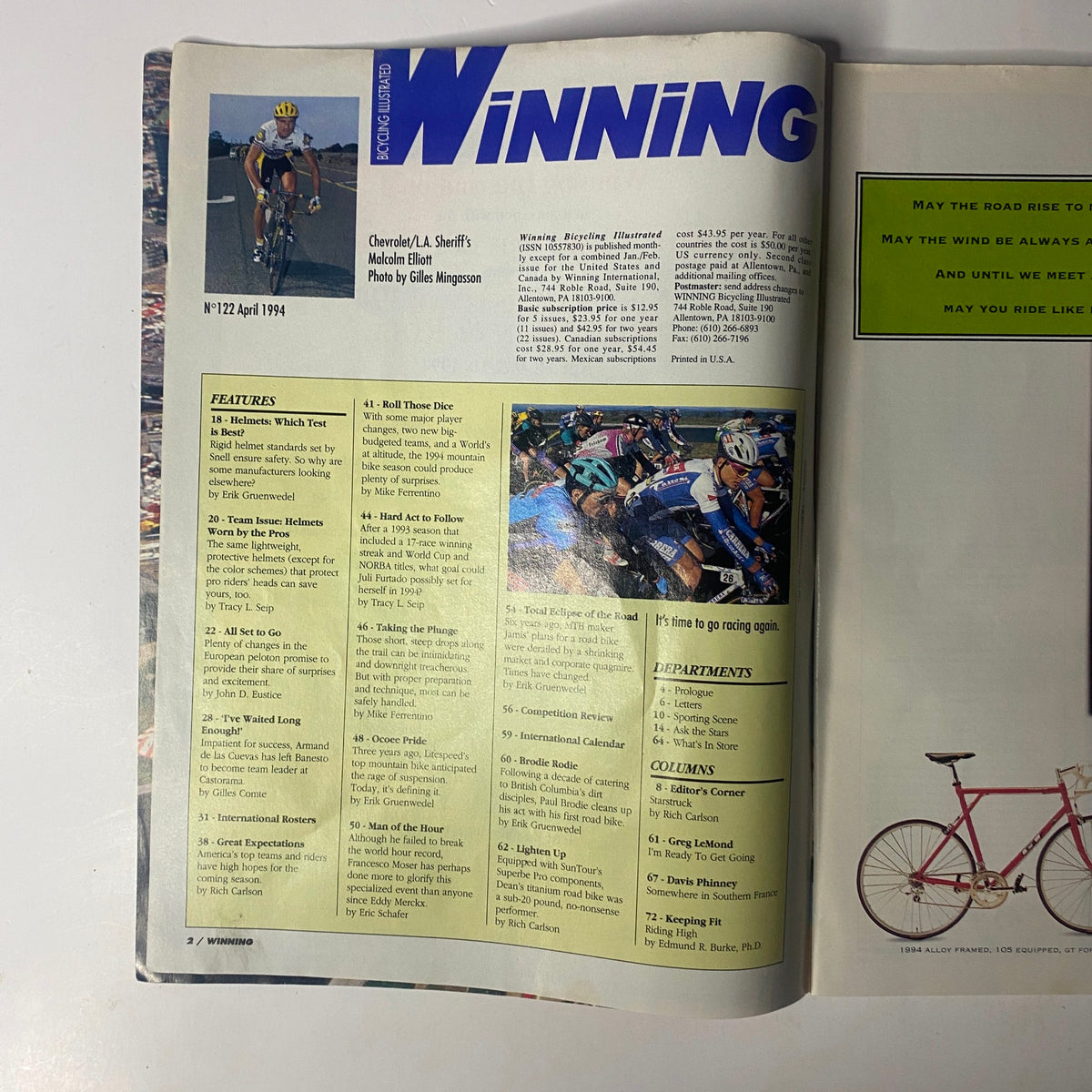 Inside page of Winning Bicycle Racing Illustrated, April 1994, No. 122 showcasing articles and features related to cycling, including a profile of Malcolm Elliott.
