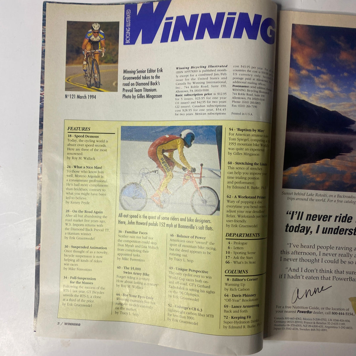 Inside page of Winning Bicycle Racing Illustrated, March 1994, No. 121 showcasing article titles and features, including 'Speed Demons' and coverage of bicycle technology advancements.