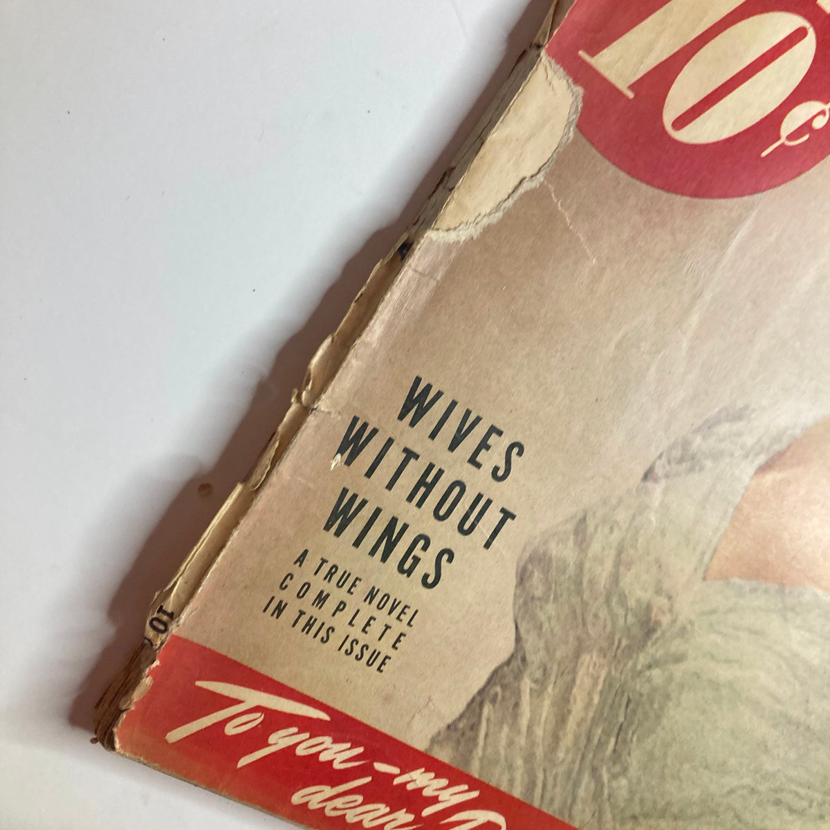 Side view of VTG True Story Magazine February 1942 showcasing the title 'Wives Without Wings' and magazine details.