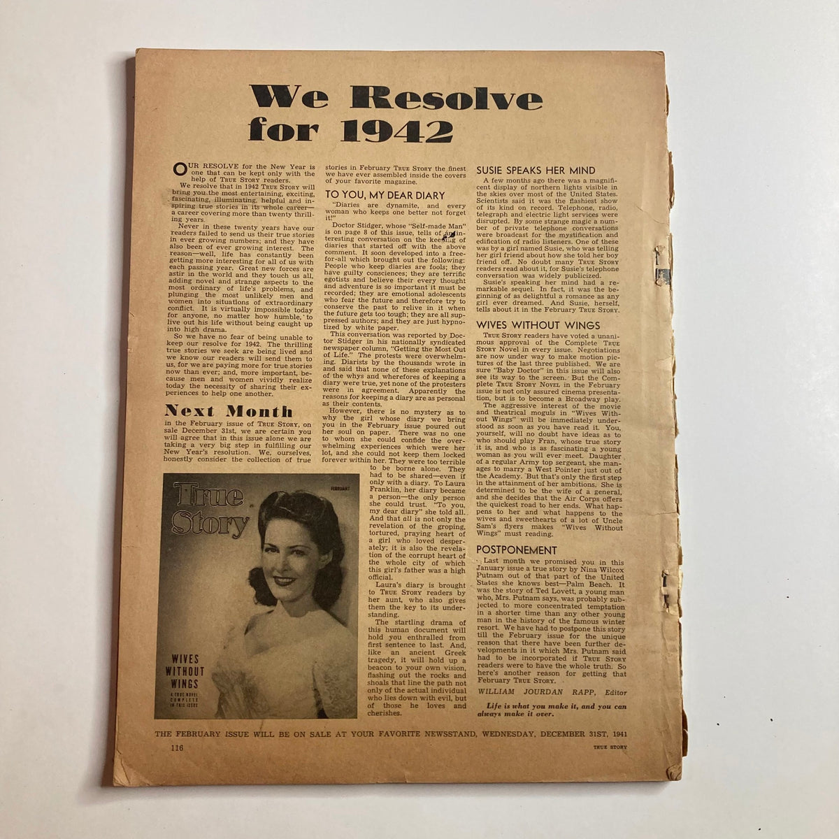 Interior page of VTG True Story Magazine January 1942 featuring an article titled 'We Resolve for 1942' and a preview for the February issue with the cover photo for 'Wives Without Wings'.