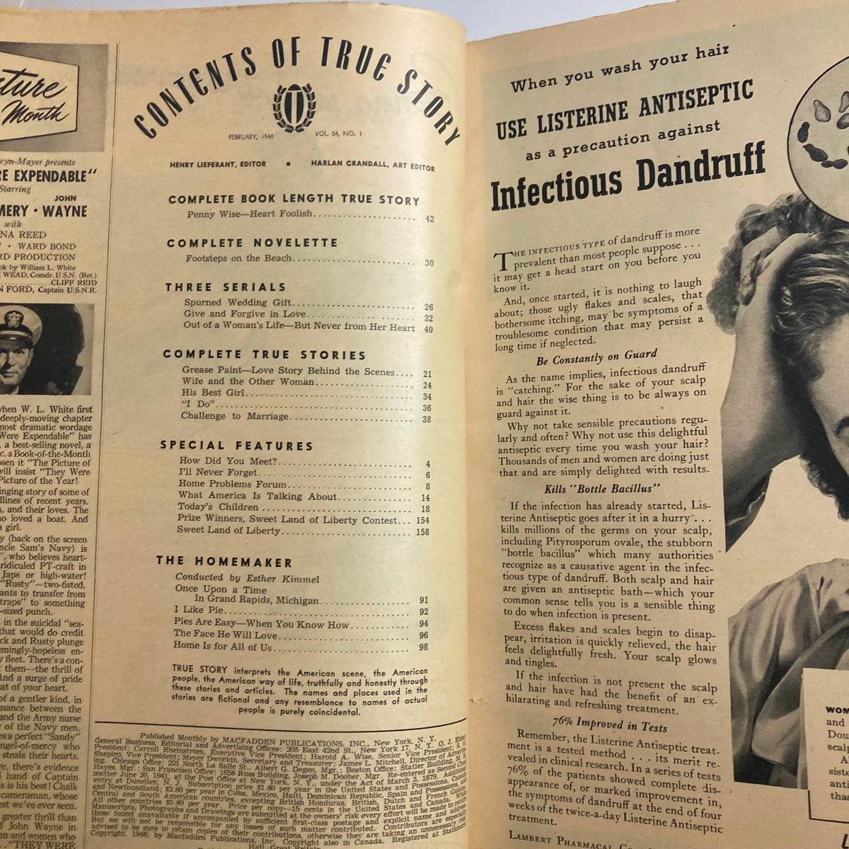 Contents page of VTG True Story Magazine February 1945, Volume 54, Number 1, detailing articles and features including 'Penny Wise - Heart Foolish' and other true stories of its time.
