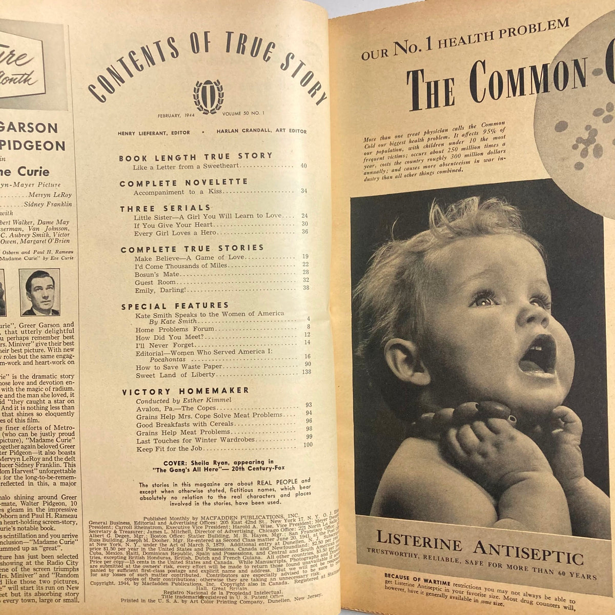 Contents page of VTG True Story Magazine February 1944, Volume 50 No. 1, showcasing featured articles and stories, including 'Like a Letter from a Sweetheart'.