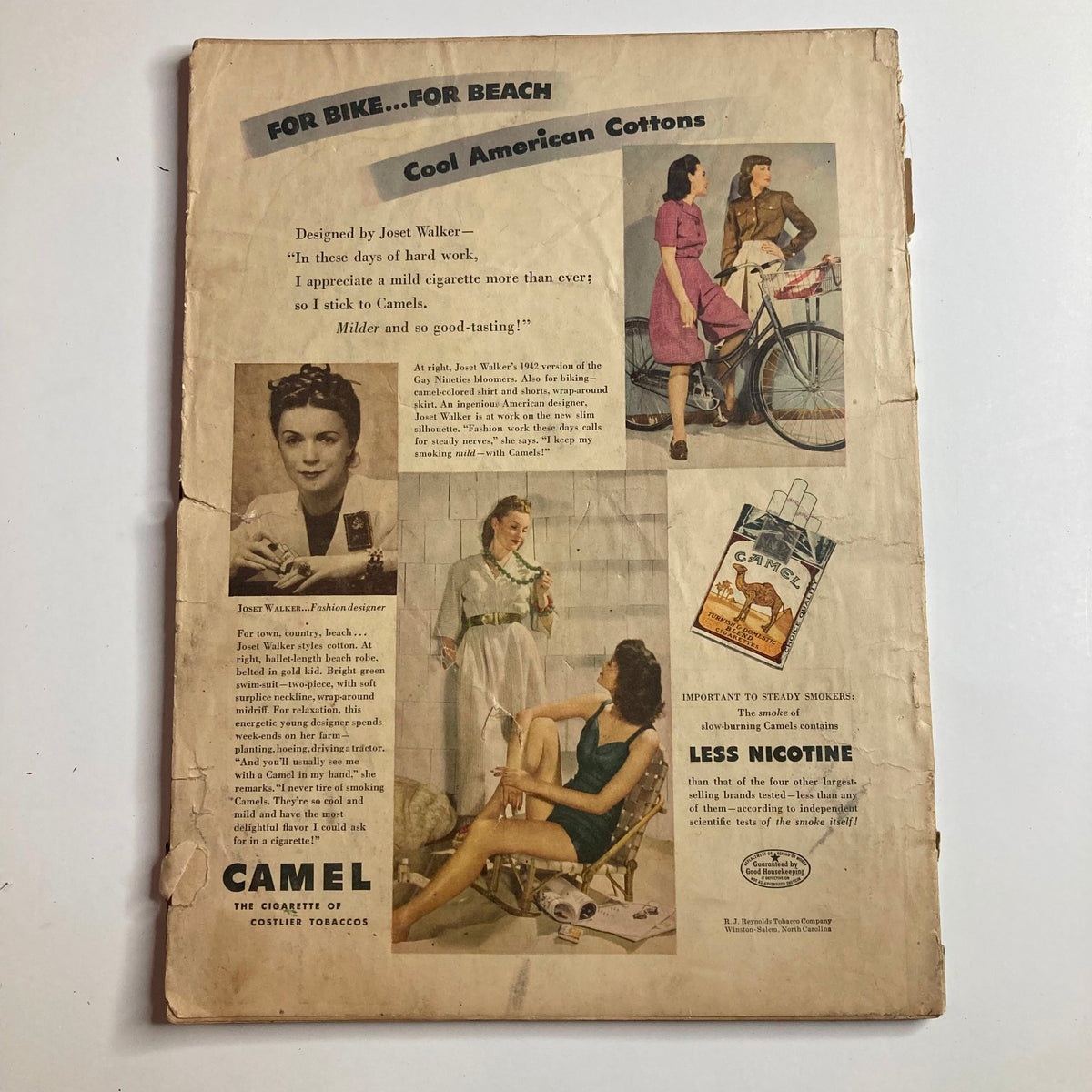 Back cover of VTG True Story Magazine September 1942 Vol 47 No. 2 featuring advertisements for Camel cigarettes and fashion highlights from the 1940s.