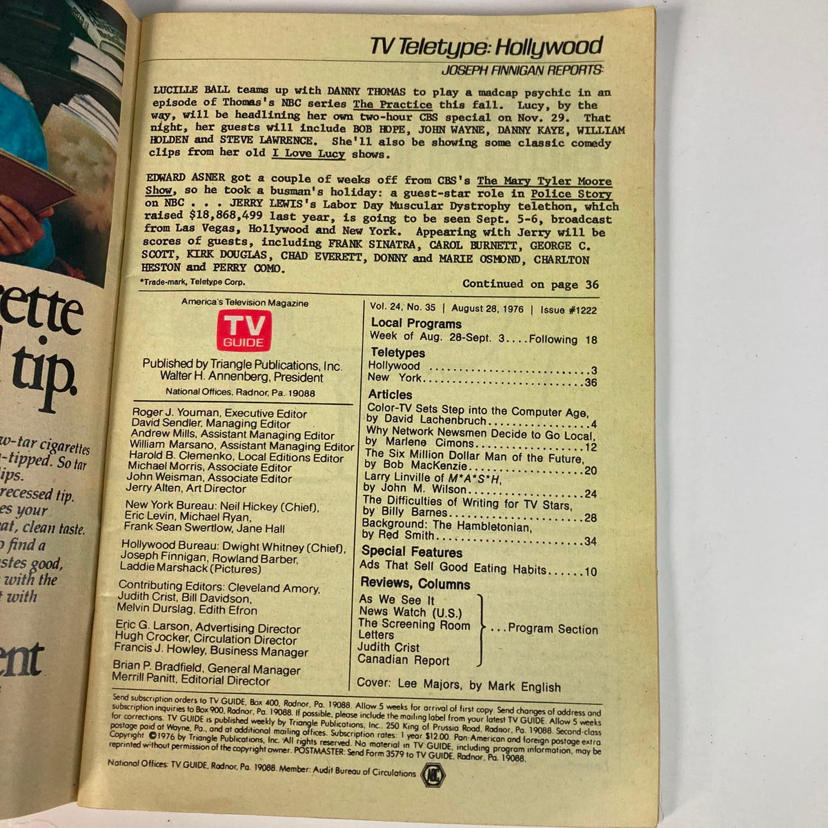 Inside page of TV Guide Magazine August 28 1976, issue #1222. Contains a TV Teletype column detailing upcoming programs and articles related to television, including a mention of Lee Majors.