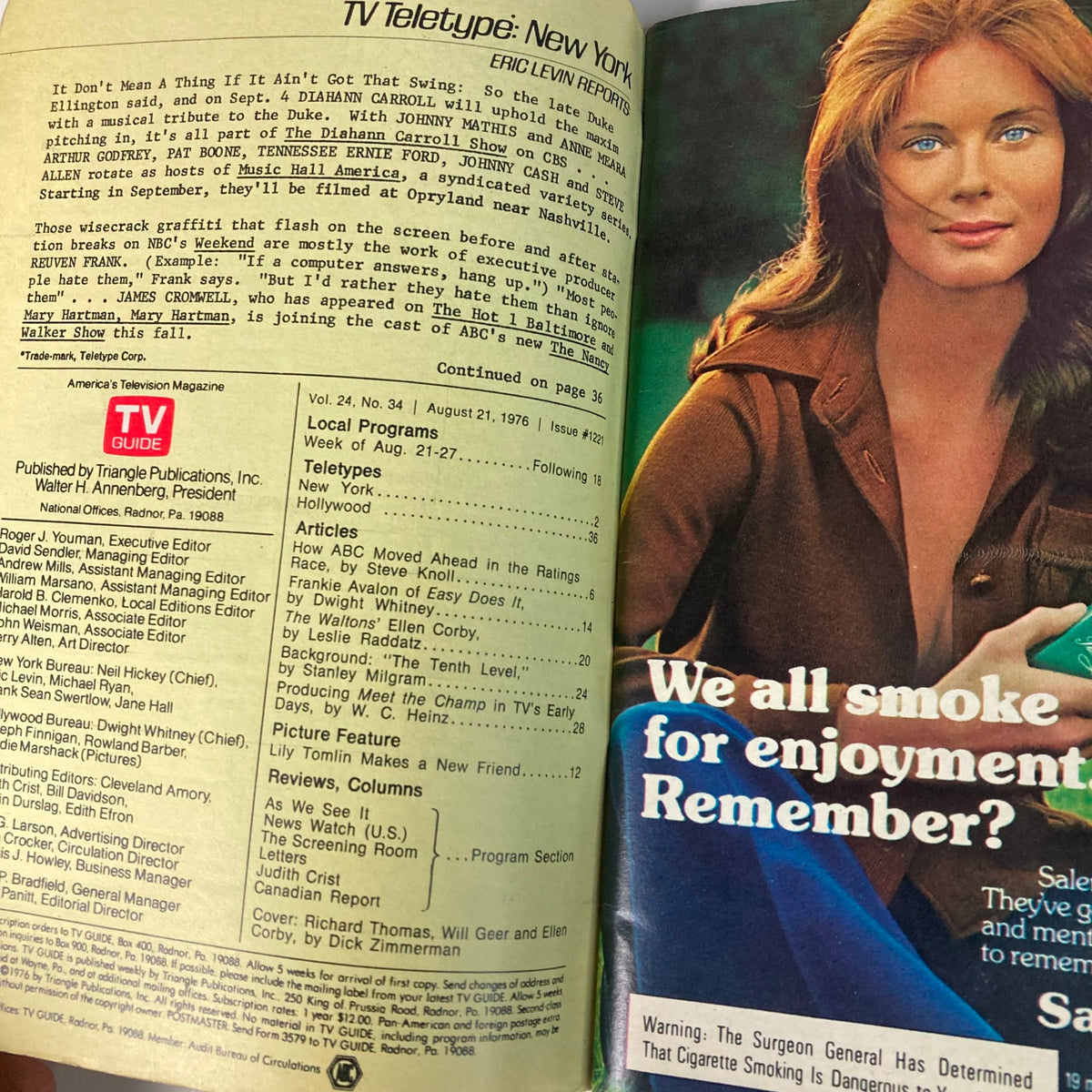 Inside page of TV Guide Magazine August 21 1976 with television listings and articles, highlighting features about The Waltons and cultural insights from 1970s television.
