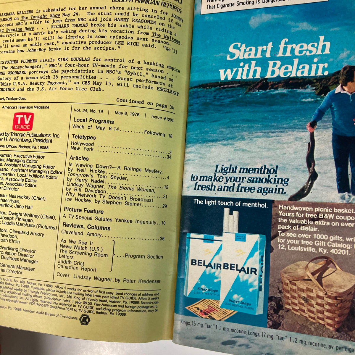 Interior page of TV Guide Magazine May 8 1976 #1206, listing articles and local programs, highlighting Lindsay Wagner as 'The Bionic Woman' within the context of the era's popular culture.