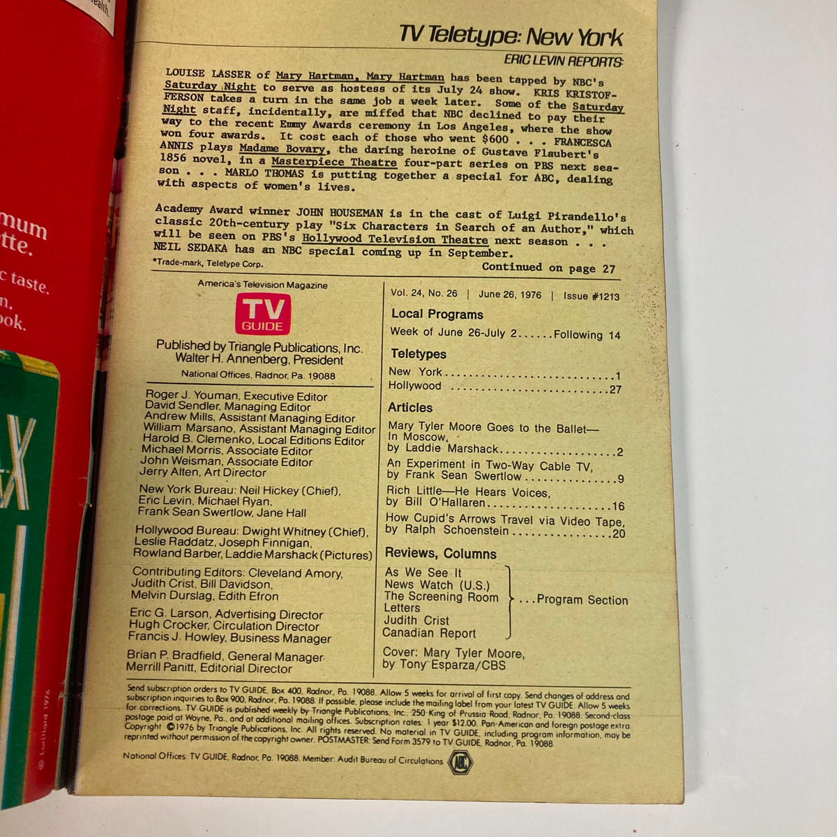 Back cover of TV Guide Magazine June 26 1976 #1213 showcasing the TV Teletype section with local programming details, including various articles and teletypes relevant to the television landscape of that era.