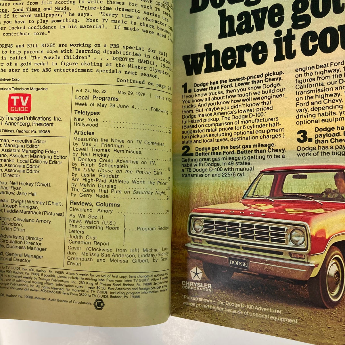 Interior page of TV Guide Magazine dated May 29, 1976, displaying articles and local program listings, highlighting entertainment features from the era including Michael Landon and Melissa Gilbert.
