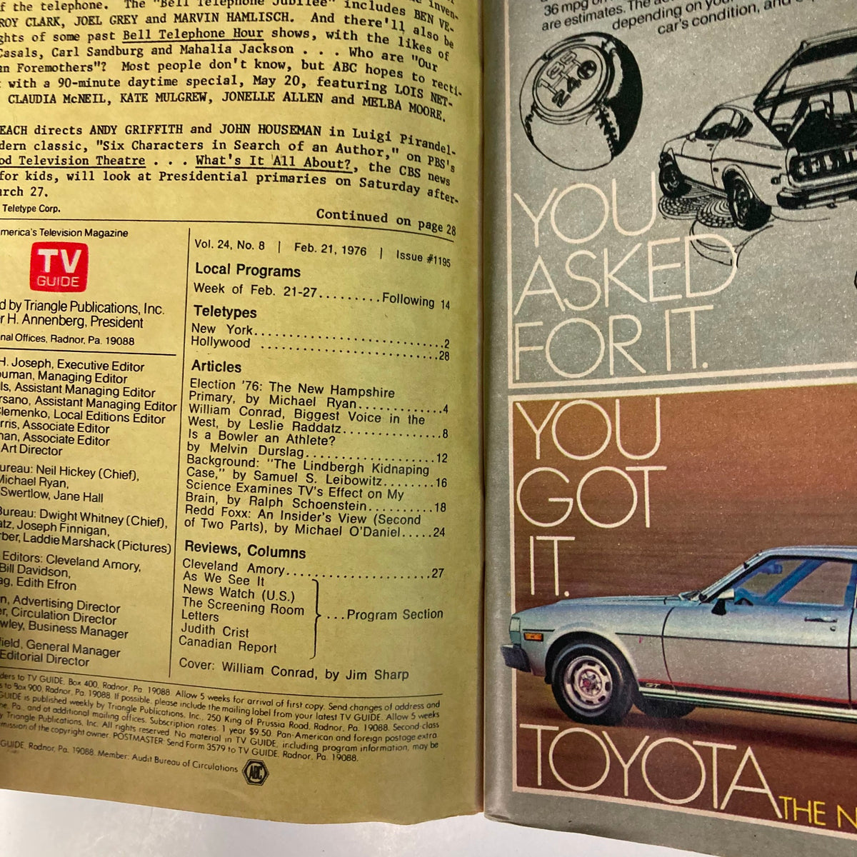 Inside page of TV Guide Magazine February 21 1976 Issue #1195 displaying the table of contents and articles including features on William Conrad and television programming.