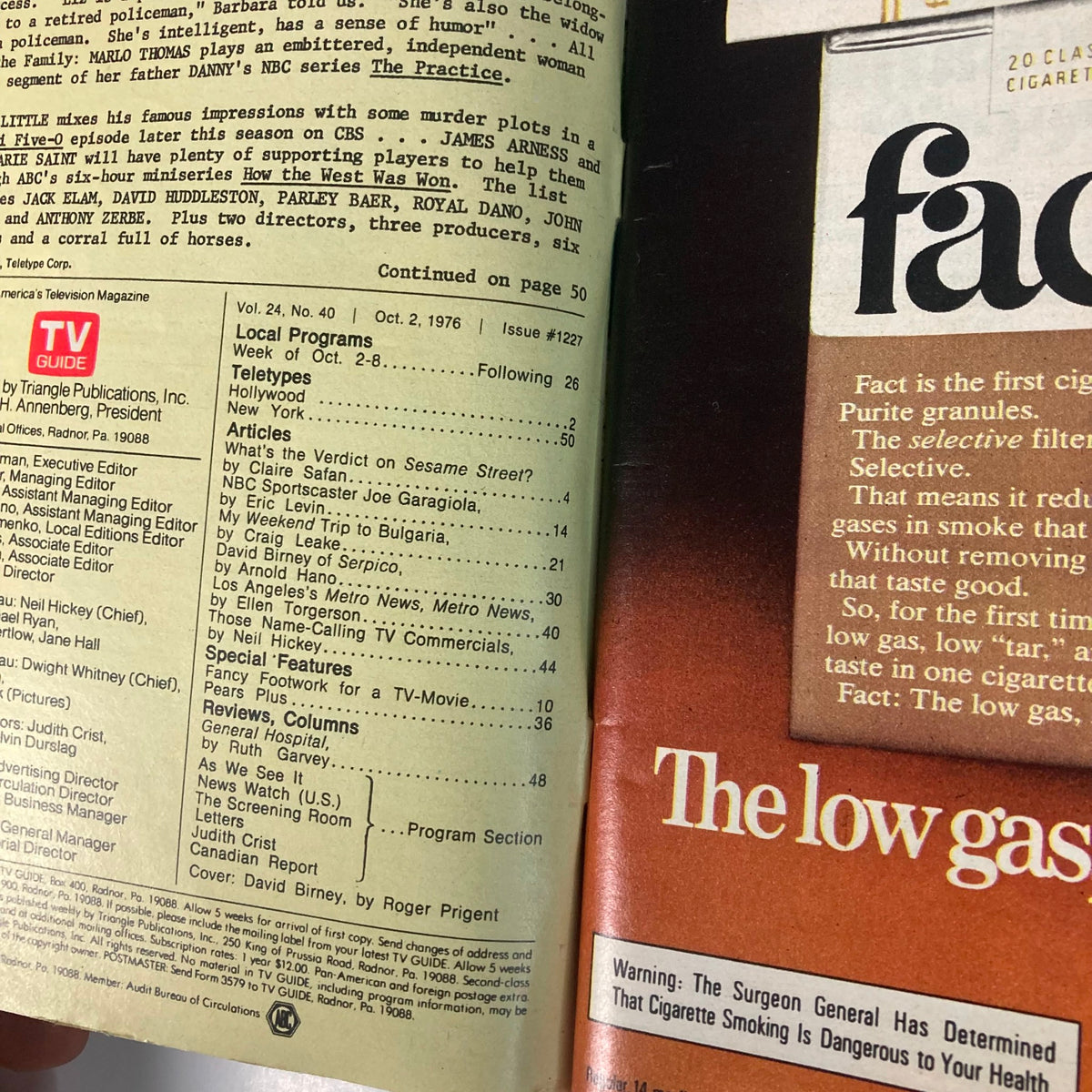 Inside of TV Guide Magazine October 2 1976 #1227 showcasing articles and features including David Birney's coverage and television shows from that era.
