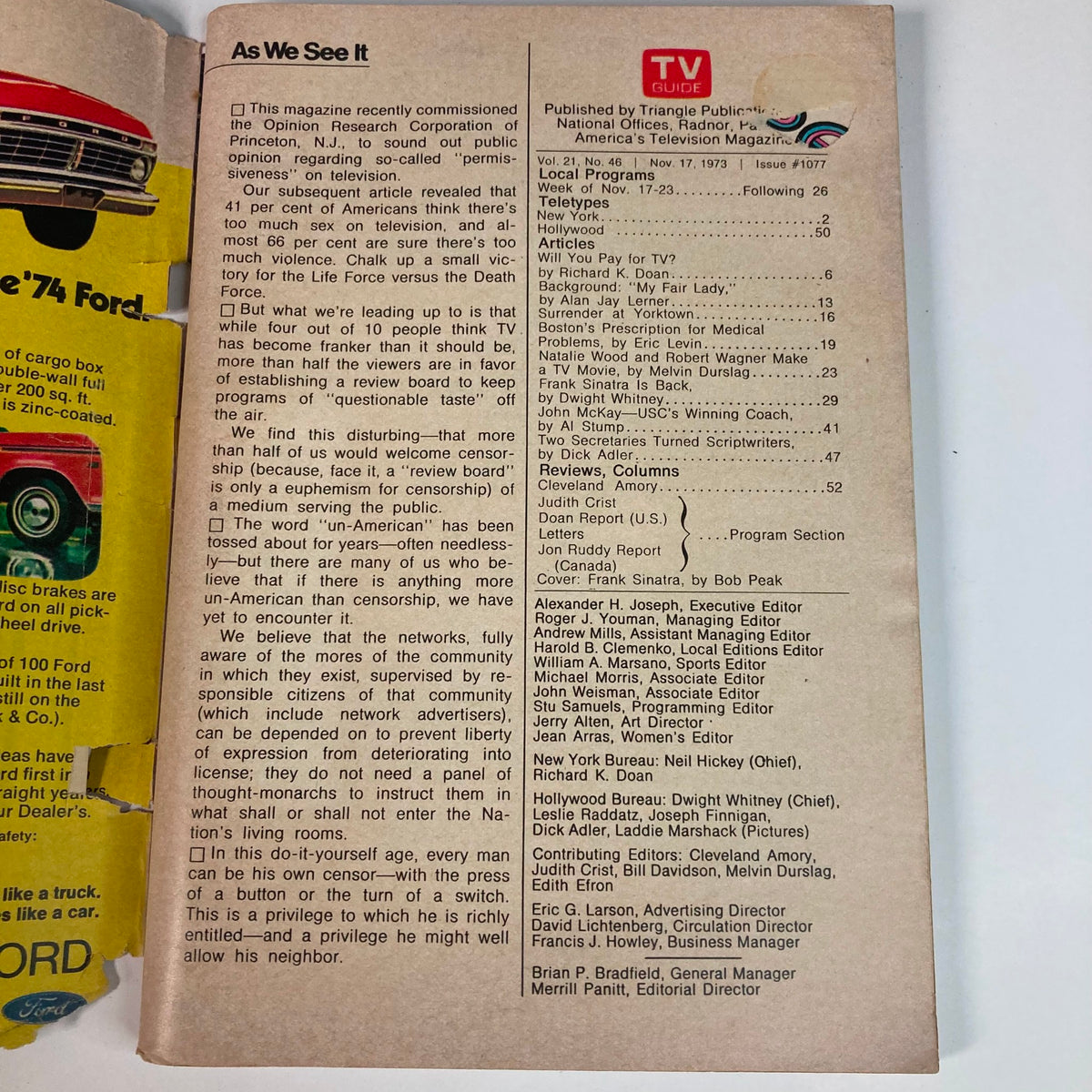 Inside page of TV Guide Magazine November 17 1973 issue #1077, displaying the contents and articles, relevant to the television industry and cultural context of the early 1970s.