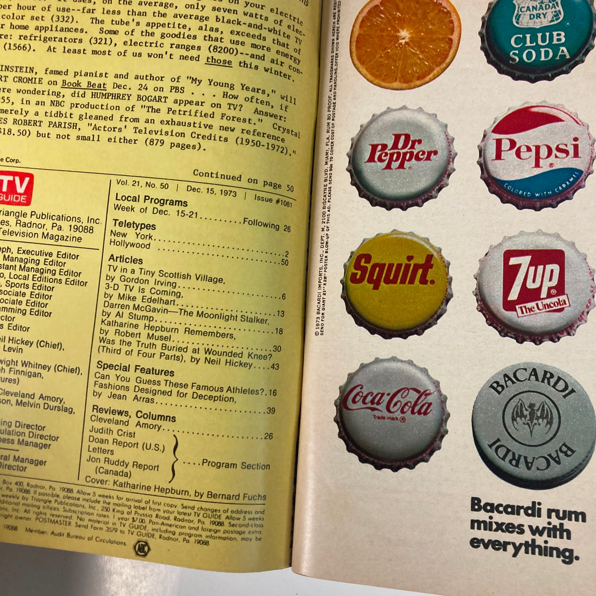 Inside page of TV Guide Magazine December 15 1973 displaying local programs and advertisements from the era, highlighting Katharine Hepburn's features.